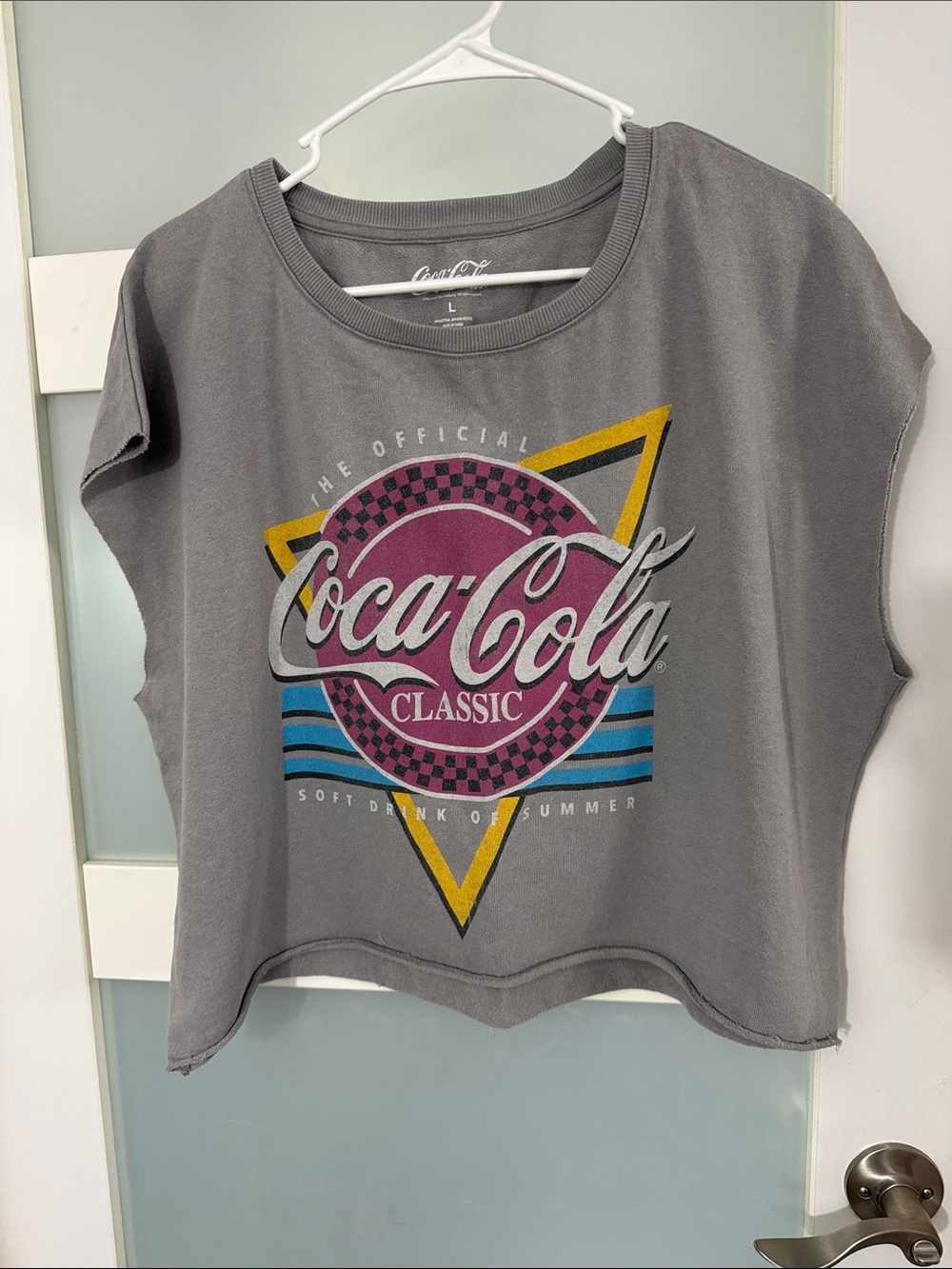 Coca-Cola Gray Crop Graphic Sweatshirt with Pink & Yellow Logo